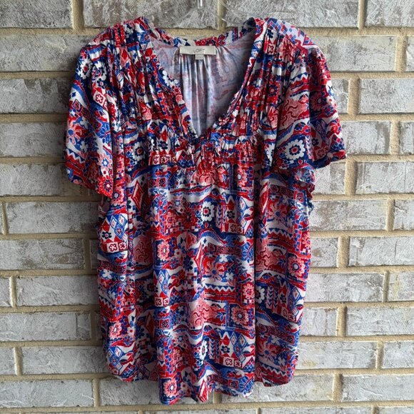 Loft Short Sleeve V-Neck Abstract/Floral 100% Rayon Blouse Women's Size XXL - Picture 1 of 7